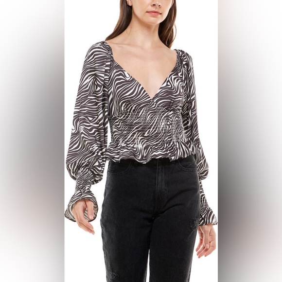 WAYF Heartbreaker Smock Waist Blouse in Espresso Zebra - Picture 1 of 13